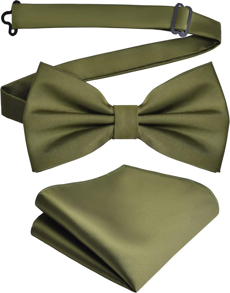 Branduce Mens Solid Color Double Fold Pre-tied Bow Tie and Pocket Square Set - Image 1
